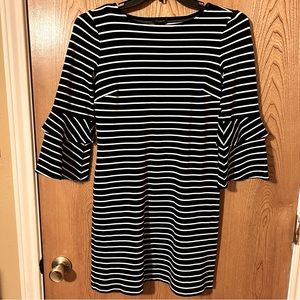 Ann Taylor Factory black and white stripped long sleeve ruffled cuff dress.